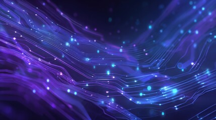 Obraz premium Vibrant abstract background showcasing flowing lines and luminous particles in purple and blue hues for digital visuals.