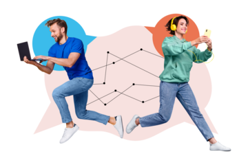 Artwork magazine collage picture of funny boyfriend girlfriend sending messages modern device isolated drawing background