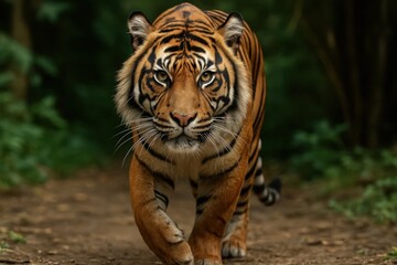Obraz premium A solitary tiger strides through the forest, its gaze fixed intently on the camera