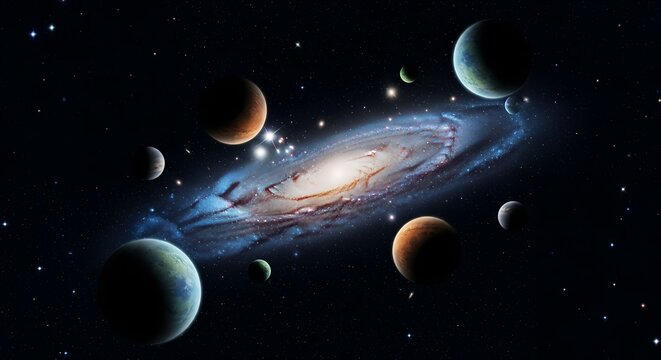 Beautiful Galaxy with Orbiting Planets, Stars, and Nebula, Creating a Stunning Cosmic View of the Universe