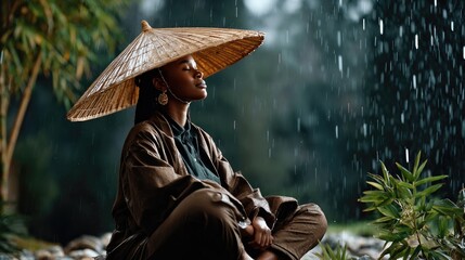 Obraz premium A person sitting peacefully under a bamboo umbrella at rain