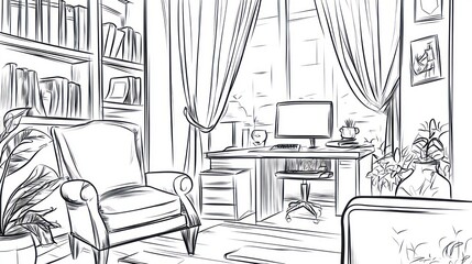 Hand-drawn sketch of a home office with a comfortable armchair and a window.