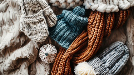 "Flat lay of winter accessories--beanies, scarves, and gloves on a wool blanket