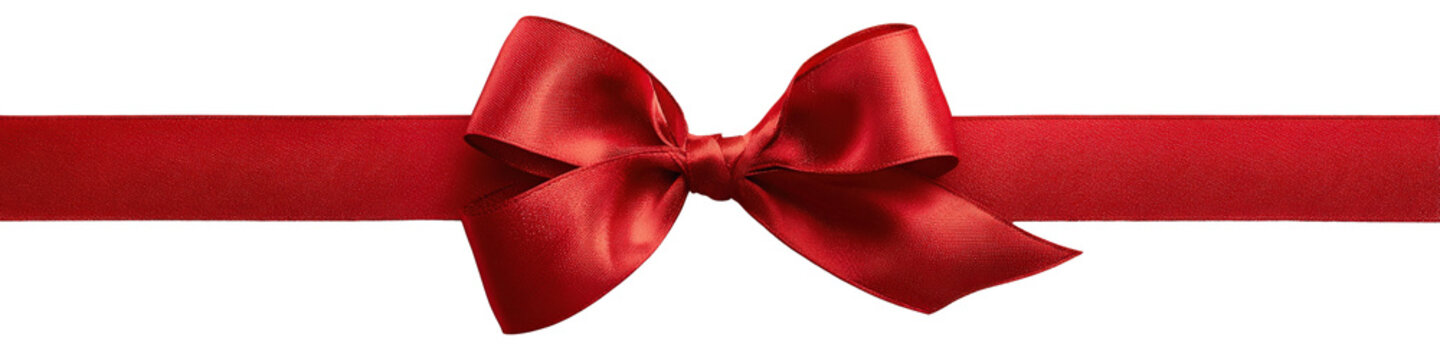 Elegant red gift ribbon and tied bow stretched horizontally, celebration design element isolated on a Transparent background, PNG file.