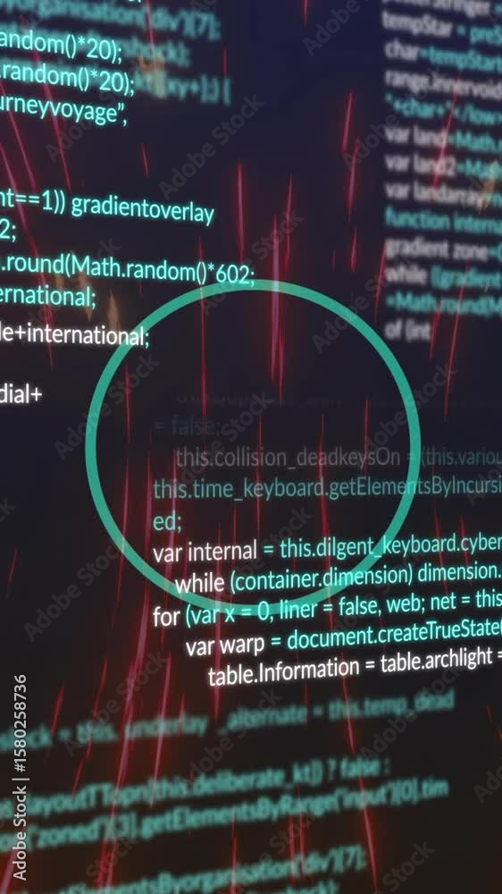 Poster animation of looping circles over computer language against wave pattern on black background