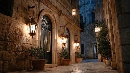 Fototapeta premium old city street lined with weathered stone buildings at night