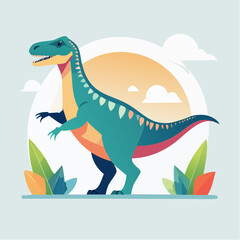 Cute Cartoon Dinosaur with Tropical Leaves and Sunset Background – Fun Prehistoric Scene

