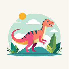 Naklejka premium Cute Cartoon Dinosaur with Tropical Leaves and Sunset Background – Fun Prehistoric Scene