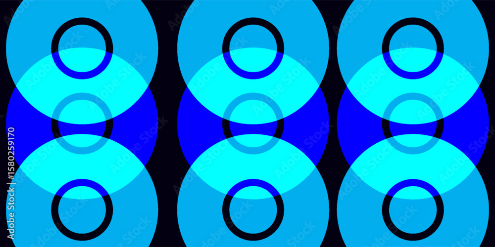 Poster abstract blue circular pattern with concentric design and digital wave texture on dark background.ep