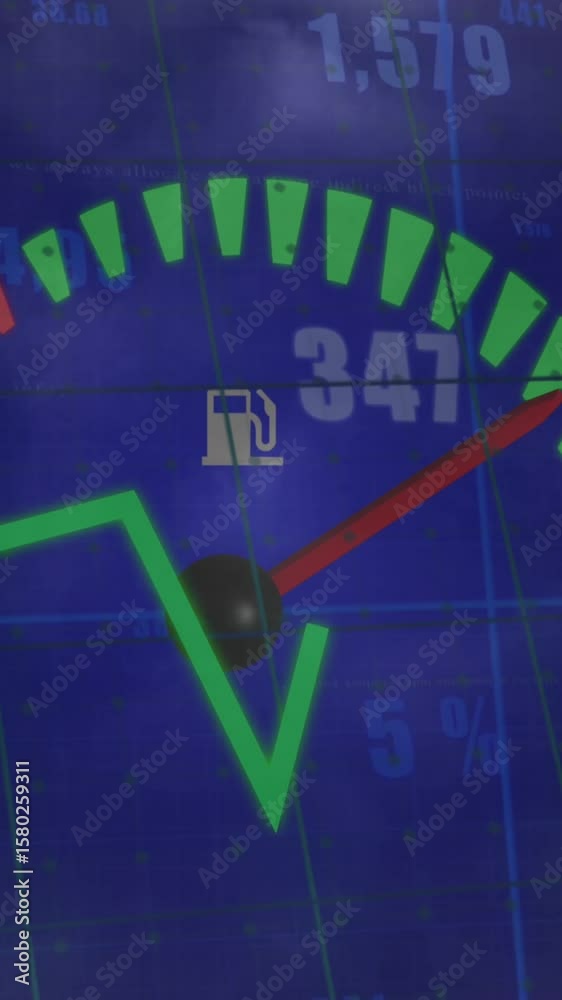 Poster animation of speedometer and statistical data processing against dark clouds in the sky