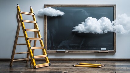 Climb the stairway to success, a 3D concept of a metal ladder reaching high into the blue sky towards clouds of opportunity and career achievement