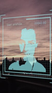 Animation of biometric photo and data processing over london cityscape