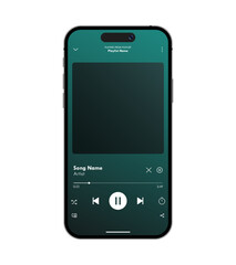 Music player app mockup in mobile phone, green theme user interface template vector illustration design © Ankit