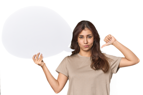 Middle Eastern woman holding comic bubble feels proud and self confident, example to follow.