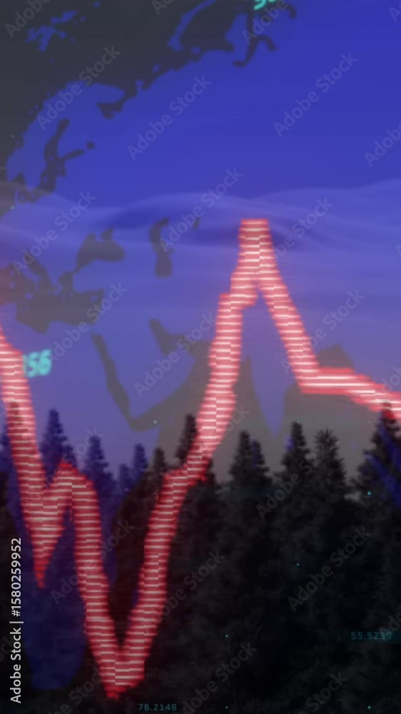 Poster animation of numbers and red graph over world map against aerial view of forest