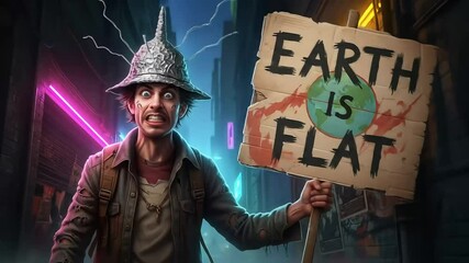 Expressive man protesting earth holding earth is flat sign highlighting societal issues and conspiracy theories with thought provoking image