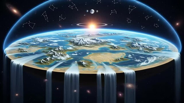 Conceptual flat earth conspiracy theory illustration with celestial dome artistic representation of a non scientific worldview exploring alternative beliefs