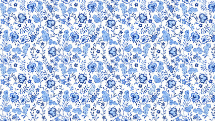 Seamless pattern featuring a delicate arrangement of blue flowers and leaves on a white background