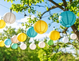 Obraz premium Colorful Outdoor Party Lanterns and String Lights