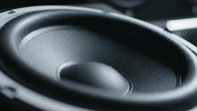 Close up subwoofer vibrating and pulsating from deep bass frequencies.
