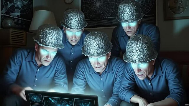 Fascinated group researches conspiracy theory with foil hats and laptop igniting intrigue skepticism and thought provoking questions