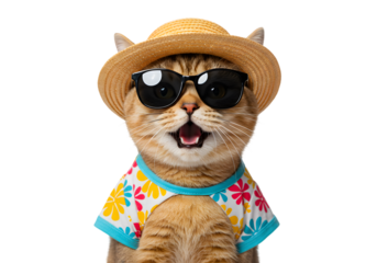 Cute Cat Wearing Sunglasses and Hat with Floral Shirt Illustration
