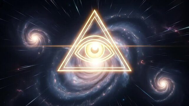 Enigmatic all seeing eye of conspiracy theory in golden triangle with cosmic nebula a symbol of hidden knowledge and cosmic secrets, eye of providence in cosmic space deep cosmos concept