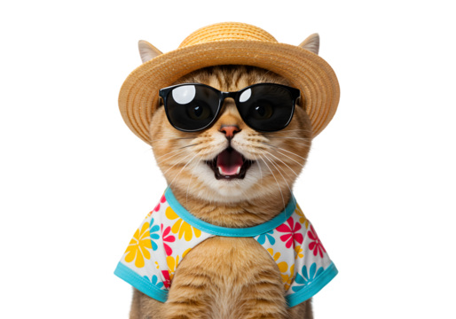 Cute Cat Wearing Sunglasses and Hat with Floral Shirt Illustration