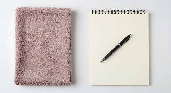 Soft pink towel and notebook with pen on white background for home and workspace.