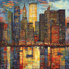 Obraz premium A bustling city skyline at dusk with the myriad of colors reflecting off the skyscrapers