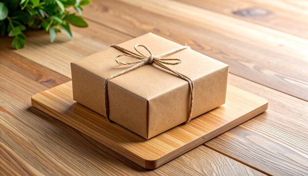 Gift Wrapped on Wooden Board: A neatly wrapped gift, presented on a wooden board, the scene is complemented by natural light creating a sense of anticipation and thoughtfulness.