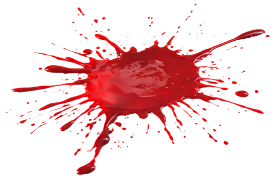 Red blood splatter with dynamic drops, isolated on transparent cutout background