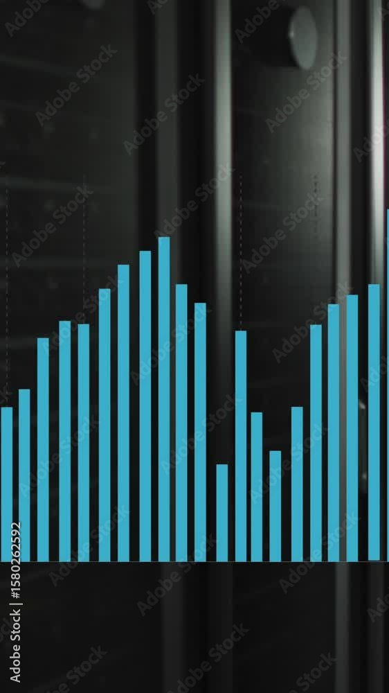 Poster data processing on a blue graph over computer server room