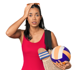 Young Filipina with volleyball being shocked, she has remembered important meeting.