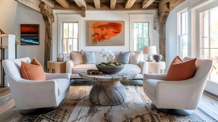 Nordic Biege and wood interior Living room with sofa and carpet, natural lighting, HD Wallpaper lifestyle background