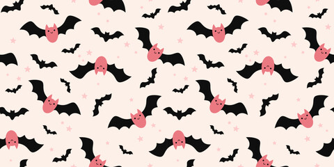 Halloween seamless pattern with pink bats. Spooky season hand drawn vector background.	