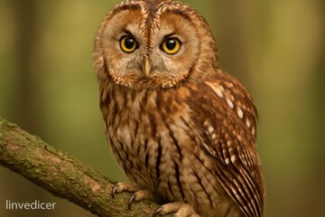 Fototapeta premium Amidst the whispers of nature, a wise-eyed brown owl perches on a branch, its gaze as keen as the eyes that watch over us