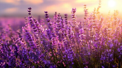 Fototapeta premium A field of lavender flowers under a golden sunlight
