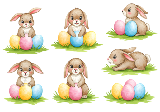 Cute Easter Bunny with Colorful Eggs Illustration on Transparent Background