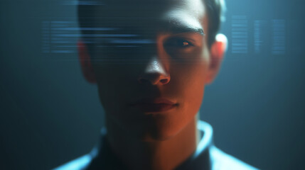 A person's face with digital data or an interface overlaying their eyes, symbolizing artificial intelligence, data processing, facial recognition, or augmented reality.