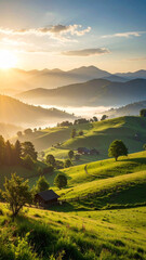 Obraz premium Golden Sunrise Over Rolling Hills: Witness the breathtaking beauty of nature as the warm embrace of a golden sunrise bathes the rolling hills in a symphony of light.