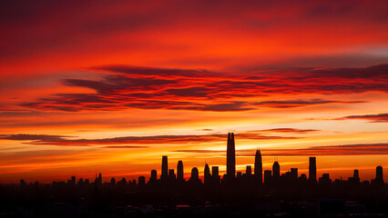 Naklejka premium Dramatic City Skyline at Sunset with Fiery Red Sky