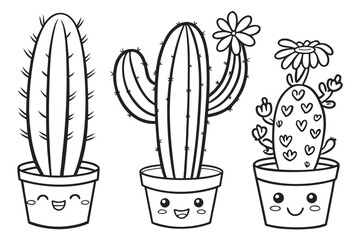 Black and white line drawing of three smiling potted cacti with cute faces and floral details, perfect for kids coloring books or botanical illustrations.