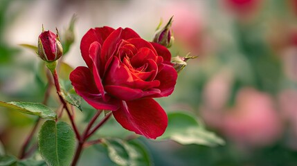 Fototapeta premium A red rose in full bloom surrounded by buds and leaves set against a blurred background