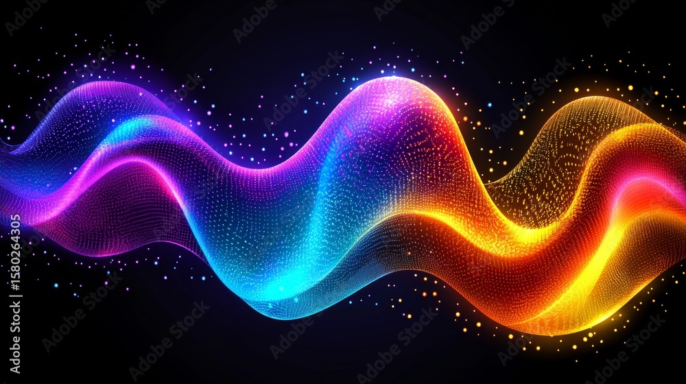 Poster dynamic data visualisation with colourful glowing particles and abstract digital waveforms in motion