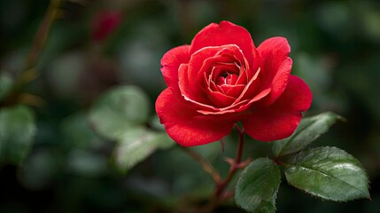 A vibrant red rose blooms with layers of petals against a background of blurred green leaves and stems