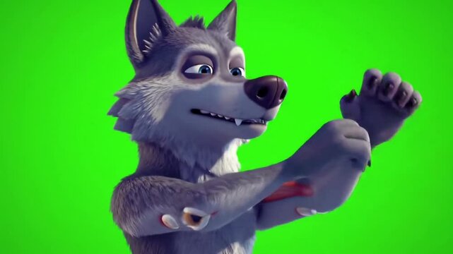 3D cartoon wolf doing cool-down stretches, deep breathing, green screen background