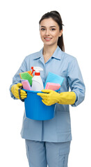 Isolated Portrait of Young Woman Holding Cleaning Supplies on Transparent
