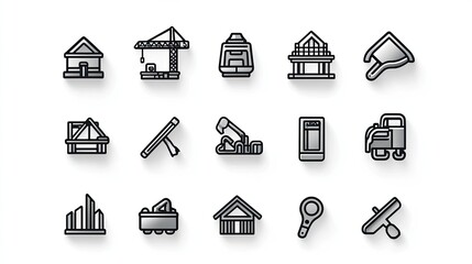 Set of construction industry icons featuring crane, workers, excavator, tools, and architectural elements 