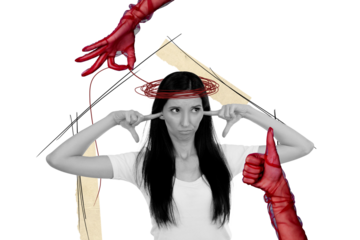 Creative collage of funny young woman fingers close ears depressed ignore society thumb up different meanings isolated on beige background